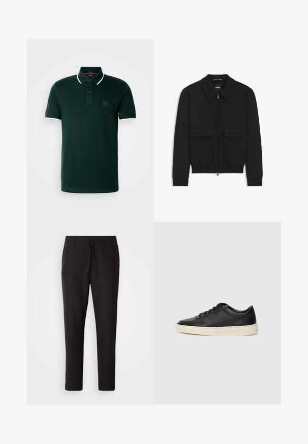Black bomber jacket with a collared neck, zip front, and two large flap pockets. Features ribbed cuffs and hem, made of textured fabric.; Dark green polo shirt made of cotton. Features a two-button placket, white accents on the collar and sleeves, and a logo patch on the chest.; Black jogger pants made of smooth fabric. Feature an elastic waistband with a drawstring, tapered legs, and no visible pockets. Simple design.; Black low-top leather sneaker with black laces and off-white sole shown in side profile on white background.