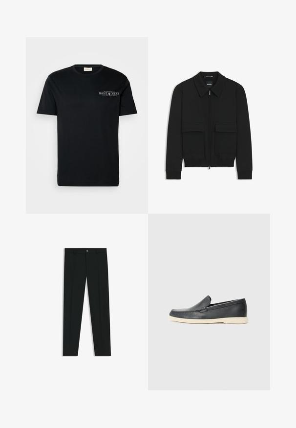 Zwarte bomberjack met een kraag, rits aan de voorkant en twee grote klepzakken. Heeft geribde manchetten en onderrand, gemaakt van textuurstof.; Zwarte katoenen T-shirt met korte mouwen, ronde hals en kleine witte grafische tekst op de linkerborst. Eenvoudig, regulier pasvorm ontwerp.; Zwarte dresspants met een recht pasvorm, gemaakt van een gladde stof. Heeft een sluiting met een knoop aan de voorkant en ceintuurlussen. Effen zonder patronen.; Zwarte leren instappers met een gestructureerde afwerking en een contrasterende beige rubberen zool. Beschikt over een subtiele accent langs de voorkant.