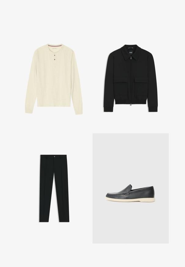 Zwarte bomberjack met een kraag, rits aan de voorkant en twee grote klepzakken. Heeft geribde manchetten en onderrand, gemaakt van textuurstof.; Langarm henley shirt van lichtgewicht cream kleurige stof. Heeft een drieknoopsluiting en een halsband met rode en blauwe strepen. Raglanmouwen.; Zwarte dresspants met een recht pasvorm, gemaakt van een gladde stof. Heeft een sluiting met een knoop aan de voorkant en ceintuurlussen. Effen zonder patronen.; Zwarte leren instappers met een gestructureerde afwerking en een contrasterende beige rubberen zool. Beschikt over een subtiele accent langs de voorkant.