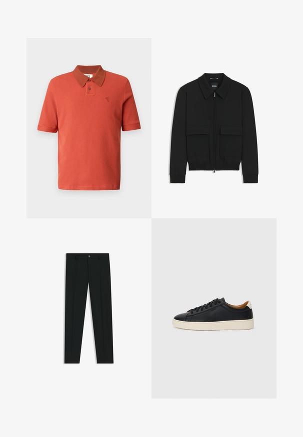 Sort bomberjakke med krave, lynlås foran og to store klaplommer. Har ribbede manchetter og bund, lavet af struktureret stof.; Kortærmet polo i murstensrød, tekstureret stof, med en kontrasterende brun krave, to knapper og et broderet logo.; Sorte dressbukser med lige ben-design, lavet af glat stof. Har en frontlukning med knap og bæltestropper. Enkle uden mønstre.; Sorte lædersneakers med en glat overflade, beige gummisål, snørebåndsdesign og en kontrastfarvet hæl.