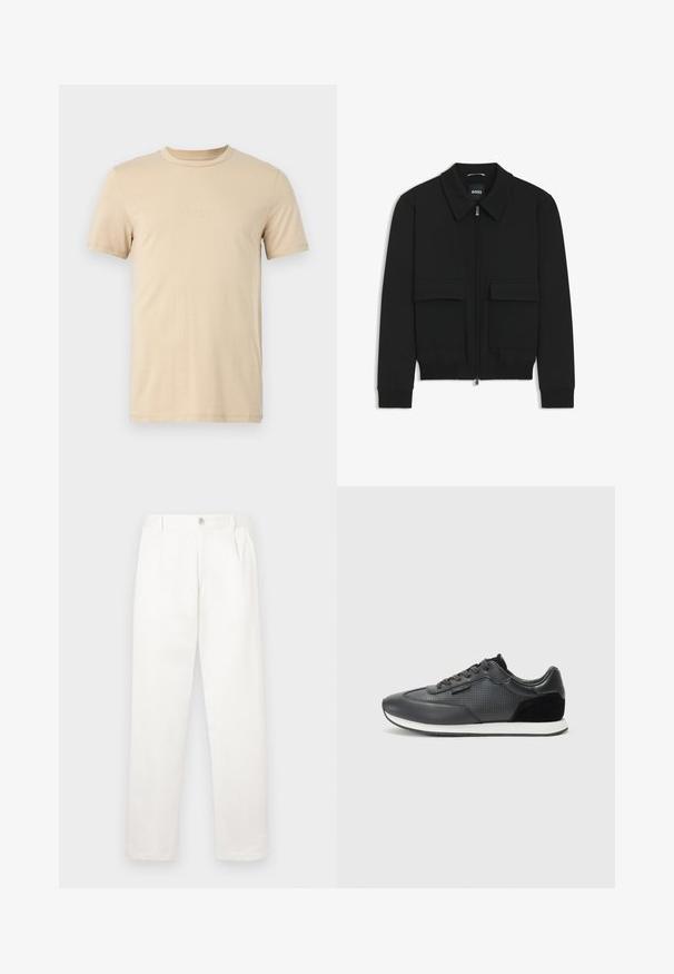 Black bomber jacket with a collared neck, zip front, and two large flap pockets. Features ribbed cuffs and hem, made of textured fabric.; Beige cotton t-shirt with short sleeves, a crew neckline, and embossed LOGO text on the front. Smooth texture and standard fit.; White trousers made from smooth fabric, featuring a straight leg design, front pleats, and a single button closure at the waist.; Black athletic sneakers featuring a leather upper with perforated detailing, suede accents, and a white rubber sole. Classic lace-up design.