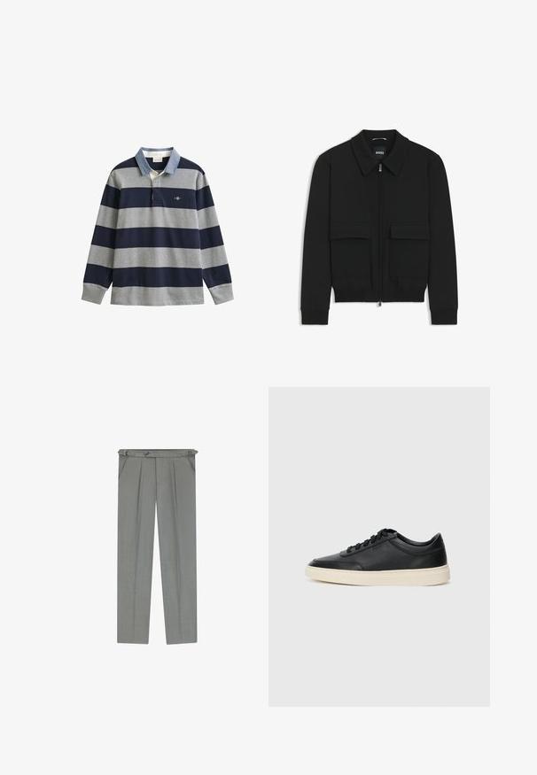 Zwarte bomberjack met een kraag, rits aan de voorkant en twee grote klepzakken. Heeft geribde manchetten en onderrand, gemaakt van textuurstof.; Polo met lange mouwen met marineblauwe en grijze strepen, een lichtblauwe kraag en een logo op de borst. Gemaakt van katoenen stof met een zachte textuur.; Lichtgrijze op maat gemaakte broek met een gestructureerde afwerking, voorzien van plooien, riemlussen en een knoopsluiting op de taille.; Zwarte leren sneaker met lage schacht, zwarte veters en off-white zool, weergegeven in zijprofiel op een witte achtergrond.