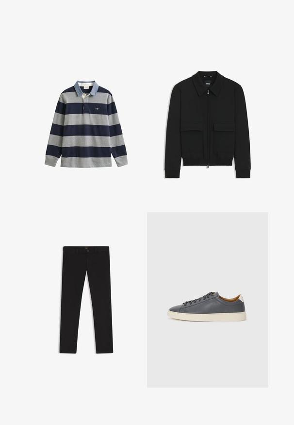 Giacca bomber nera con colletto, chiusura a zip frontale e due grandi tasche con patta. Presenta polsini e orlo a costine, realizzata in tessuto testurizzato.; Polo a maniche lunghe con strisce blu navy e grigie, colletto azzurro chiaro e logo sul petto. Tessuto in cotone con una consistenza morbida.; Pantaloni neri realizzati in tessuto con una superficie liscia. Presentano una chiusura con bottone, passanti per cintura e tasche laterali. Design a gamba dritta standard.; Sneaker in pelle grigia con punta rotonda, suola in gomma, lacci piatti e dettagli chiari sul tallone. Texture liscia e design minimalista.