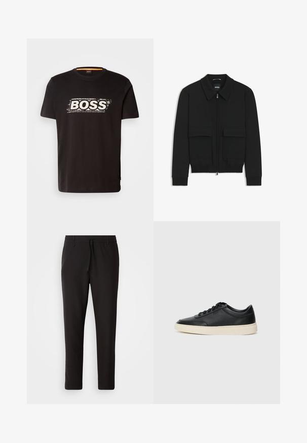 Giacca bomber nera con colletto, chiusura a zip frontale e due grandi tasche con patta. Presenta polsini e orlo a costine, realizzata in tessuto testurizzato.; T-shirt in cotone nero con un grande logo bianco "BOSS" in uno stile contornato. Collo giro e maniche corte, con una texture liscia.; Pantaloni jogger neri realizzati in tessuto liscio. Presentano una vita elasticizzata con stringa, gambe affusolate e senza tasche visibili. Design semplice.; Sneaker in pelle nera a basso profilo con lacci neri e suola avorio, mostrato di profilo su sfondo bianco.