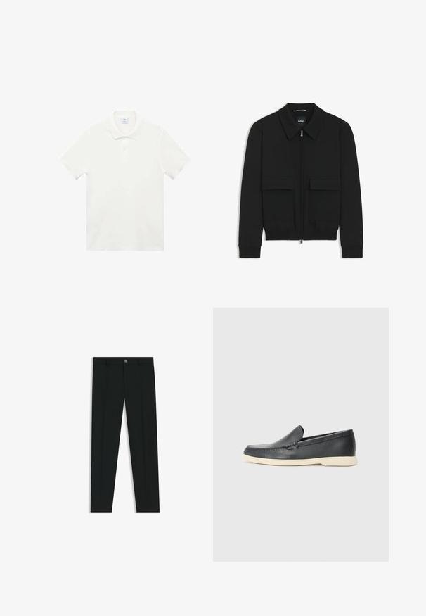 Zwarte bomberjack met een kraag, rits aan de voorkant en twee grote klepzakken. Heeft geribde manchetten en onderrand, gemaakt van textuurstof.; Witte polo shirt gemaakt van zacht katoen, met een klassieke kraag, een drieknopenlijst en korte mouwen. Geen patronen of accenten.; Zwarte dresspants met een recht pasvorm, gemaakt van een gladde stof. Heeft een sluiting met een knoop aan de voorkant en ceintuurlussen. Effen zonder patronen.; Zwarte leren instappers met een gestructureerde afwerking en een contrasterende beige rubberen zool. Beschikt over een subtiele accent langs de voorkant.