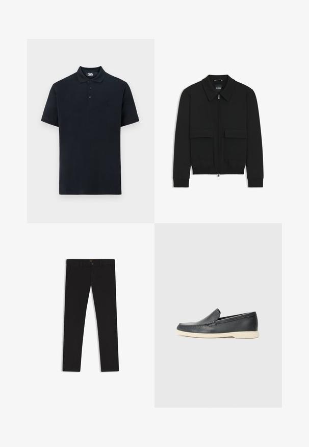 Musta pommikohva takki, jossa on kauluskulli, vetoketju etupuolella ja kaksi suurta läpällistä taskua. Varustettu ribbireunuksilla hihoissa ja helmassa, valmistettu teksturoituneesta kankaasta.; Paita polo navy valmistettu puuvillasta, jossa on klassinen kaulus, kolme nappia ja brodeerattu logo vasemmassa rinnassa. Lyhyet hihat, sileä pinta.; Mustat housut, jotka on valmistettu sileätekstiilisestä kankaasta. Varustettu nappikiinnityksellä, vyölenkeillä ja sivutaskuilla. Standardi suora lahjemalli.; Mustat nahkakengät ilman nauhoja, joissa on teksturoitu pinta ja kontrastoiva beige kumipohja. Kengissä on hillitty yksityiskohta etuosassa.