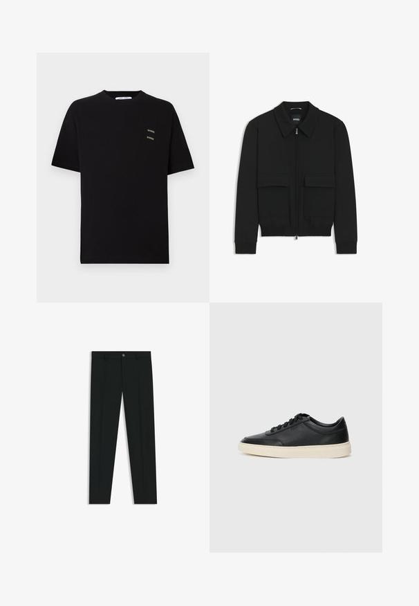 Zwarte bomberjack met een kraag, rits aan de voorkant en twee grote klepzakken. Heeft geribde manchetten en onderrand, gemaakt van textuurstof.; Zwarte katoenen T-shirt met korte mouwen, ronde hals, voorzien van twee kleine, geborduurde "Samsøe" logo's op het linker borstgedeelte.; Zwarte dresspants met een recht pasvorm, gemaakt van een gladde stof. Heeft een sluiting met een knoop aan de voorkant en ceintuurlussen. Effen zonder patronen.; Zwarte leren sneaker met lage schacht, zwarte veters en off-white zool, weergegeven in zijprofiel op een witte achtergrond.