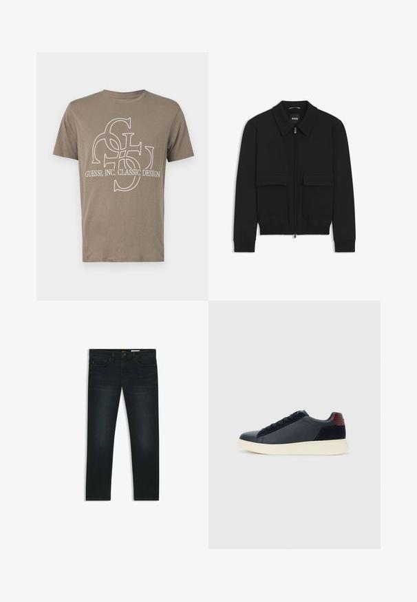 Giacca bomber nera con colletto, chiusura a zip frontale e due grandi tasche con patta. Presenta polsini e orlo a costine, realizzata in tessuto testurizzato.; T-shirt in cotone marrone con un design grafico bianco che presenta lettere intrecciate e la scritta "GUESS?, INC. CLASSIC DESIGN" sul davanti.; Jeans in denim scuro con taglio dritto, leggera scoloritura, design a cinque tasche e dettagli in arancione sulla cintura.; Sneaker da uomo a basso profilo in pelle nera e suede con linguetta sul tallone color bordeaux e suola in gomma bianca, vista dal lato esterno.
