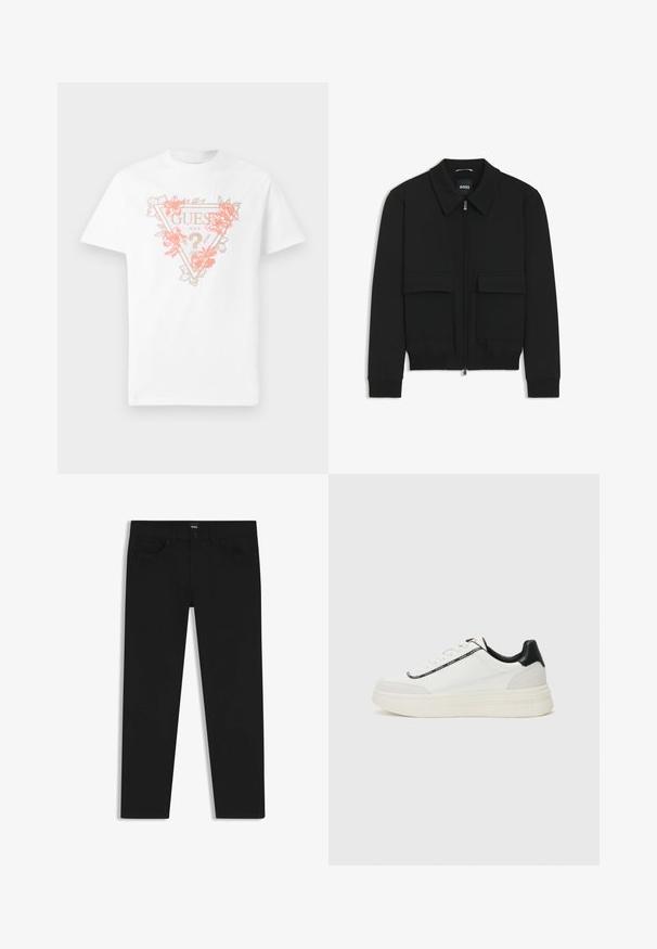 Black bomber jacket with a collared neck, zip front, and two large flap pockets. Features ribbed cuffs and hem, made of textured fabric.; White cotton t-shirt featuring a triangle logo with floral accents in coral and gold. Short sleeves and a round neckline.; Black denim trousers with a straight cut, featuring a standard waistband, five pockets, and a button closure. Smooth texture throughout.; White sneaker with black leather accents, a textured sole, laces, and a logo band along the side. Features a smooth and suede finish.