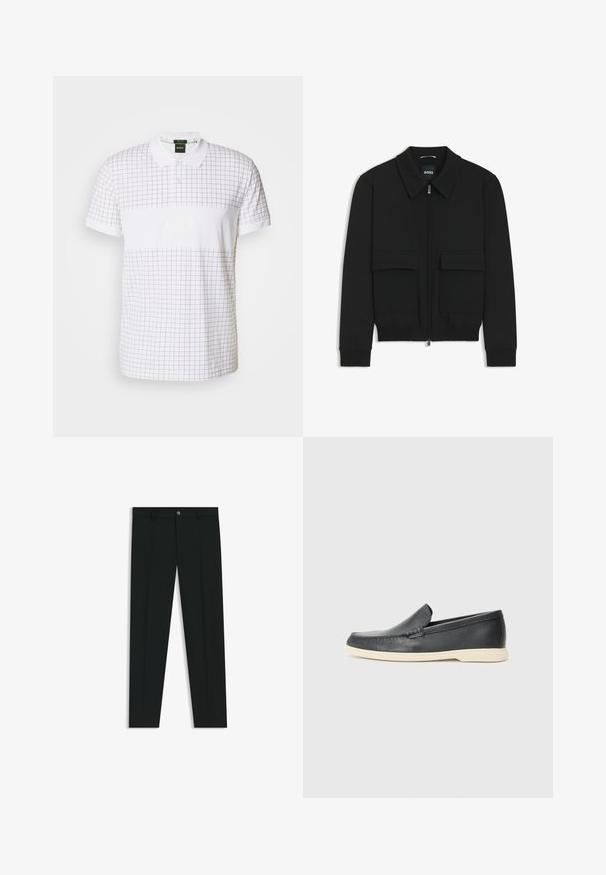 Musta pommikohva takki, jossa on kauluskulli, vetoketju etupuolella ja kaksi suurta läpällistä taskua. Varustettu ribbireunuksilla hihoissa ja helmassa, valmistettu teksturoituneesta kankaasta.; Valkoinen polo-paita, jossa on tummanharmaa ruutukuvio, erottuva kaulus ja hihansuut, logo keskellä ja lyhyet hihat.; Musta housut, joissa on suora lahje, valmistettu sileästä kankaasta. Edessä nappisulku ja vyölenkit. Yksinkertainen ilman kuvioita.; Mustat nahkakengät ilman nauhoja, joissa on teksturoitu pinta ja kontrastoiva beige kumipohja. Kengissä on hillitty yksityiskohta etuosassa.