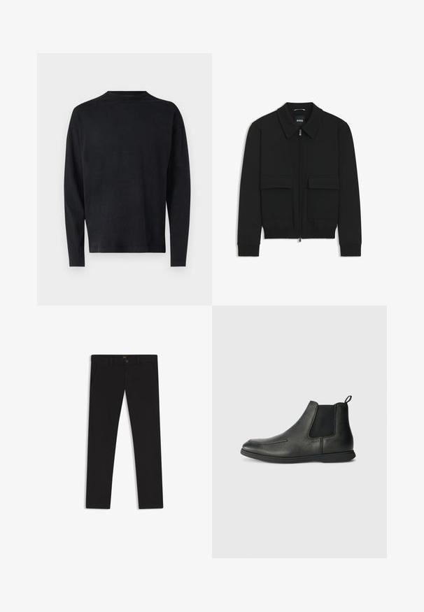 Black bomber jacket with a collared neck, zip front, and two large flap pockets. Features ribbed cuffs and hem, made of textured fabric.; Black long-sleeve shirt made of soft fabric. Features a crew neckline and dropped shoulders. Smooth texture with no visible patterns.; Black trousers made of fabric with a smooth texture. Features a button closure, belt loops, and side pockets. Standard straight-leg design.; Black leather ankle boots with a smooth texture, elastic side panels, and a pull tab at the back. Rounded toe and rubber sole.