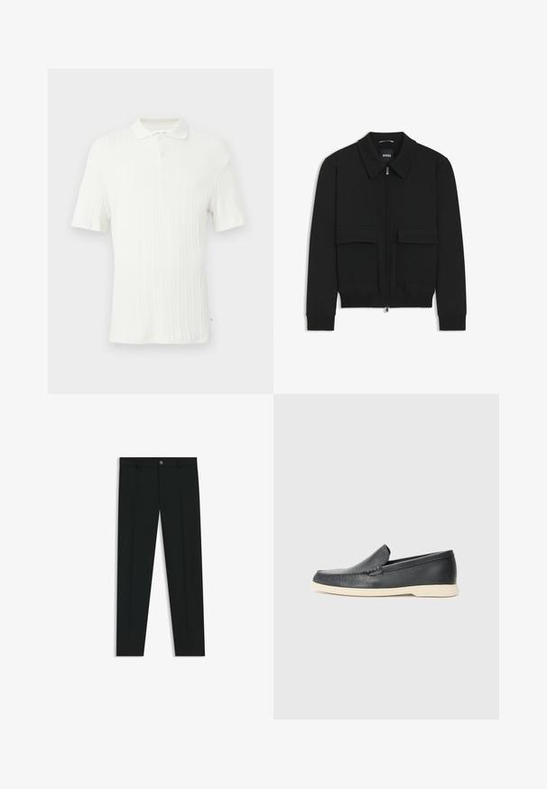 Black bomber jacket with a collared neck, zip front, and two large flap pockets. Features ribbed cuffs and hem, made of textured fabric.; White short-sleeve polo shirt with a ribbed texture, collared neckline, and a single button closure at the top.; Black dress pants with a straight-leg design, made of smooth fabric. Features a front button closure and belt loops. Plain without patterns.; Black leather slip-on loafers with a textured finish and a contrasting beige rubber sole. Features a subtle accent along the front.