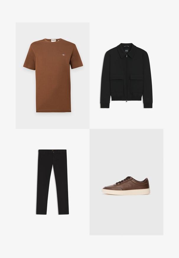 Black bomber jacket with a collared neck, zip front, and two large flap pockets. Features ribbed cuffs and hem, made of textured fabric.; Brown cotton T-shirt with a crew neck. Features a small embroidered logo on the chest. Short sleeves and a regular fit.; Black trousers made of fabric with a smooth texture. Features a button closure, belt loops, and side pockets. Standard straight-leg design.; Brown leather sneakers with a smooth finish, round toe, and cream rubber sole. Features black laces and subtle branding on the side.