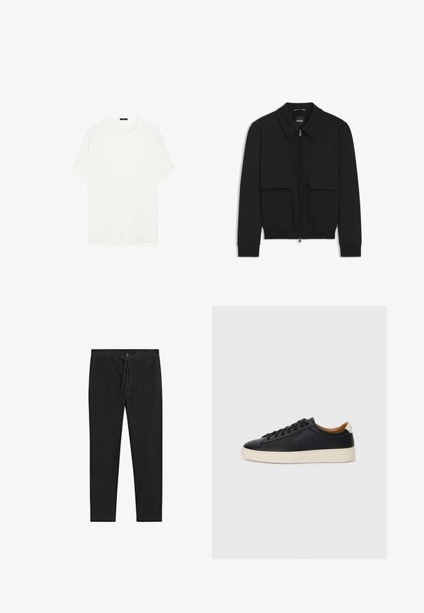 Sort bomberjakke med krave, lynlås foran og to store klaplommer. Har ribbede manchetter og bund, lavet af struktureret stof.; Hvid kortærmet t-shirt lavet af blødt stof. Har en klassisk rund halsudskæring og en lige pasform, uden synlige mønstre eller accenter.; Sort bukser lavet af letvægtsstof, med elastisk talje, snorelukning og lige ben design. Ingen mønstre eller accenter.; Sorte lædersneakers med en glat overflade, beige gummisål, snørebåndsdesign og en kontrastfarvet hæl.