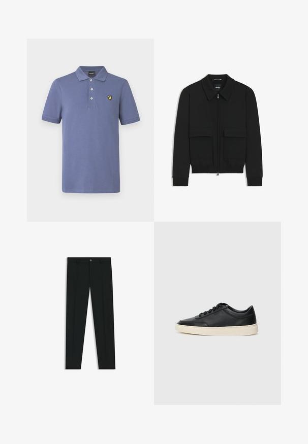 Svart bomberjacka med krage, dragkedja framtill och två stora klafffickor. Har ribbade mudd och nederkant, tillverkad av strukturerad tyg.; Pikétröja i ljusblå bomull med klassisk krage, treknapparslå och gul logobrodyr på vänster bröst.; Svarta dressbyxor med rak bendesign, gjorda av ett mjukt tyg. Har stängning med frontknapp och bälteshällor. Enfärgade utan mönster.; Svart låg skor i läder med svarta snören och off-white sula, visas i sidoprofil på vit bakgrund.