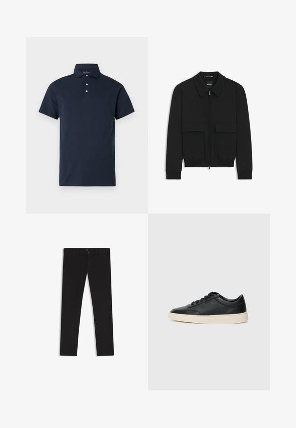 Black bomber jacket with a collared neck, zip front, and two large flap pockets. Features ribbed cuffs and hem, made of textured fabric.; Navy blue polo shirt made from a smooth cotton blend. Short sleeves, three-button placket, and no visible patterns or logos.; Black trousers made of fabric with a smooth texture. Features a button closure, belt loops, and side pockets. Standard straight-leg design.; Black low-top leather sneaker with black laces and off-white sole shown in side profile on white background.