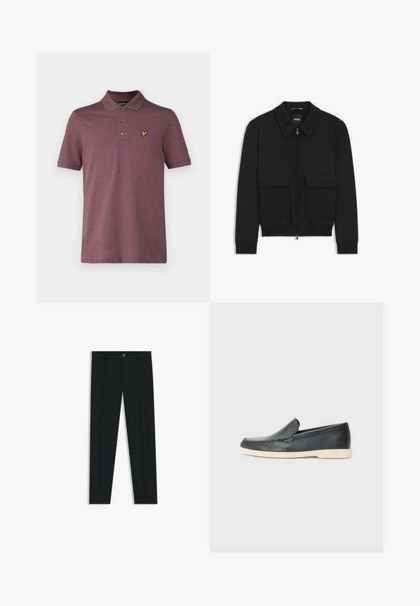 Giacca bomber nera con colletto, chiusura a zip frontale e due grandi tasche con patta. Presenta polsini e orlo a costine, realizzata in tessuto testurizzato.; Lyle & Scott Polo - highland mauve; Pantaloni neri in tessuto lisci, con design a gamba dritta. Presentano una chiusura frontale con bottone e passanti per cintura. Senza fantasie.; Mocassini neri in pelle con finitura testurizzata e suola in gomma beige a contrasto. Presentano un accento sottile lungo la parte anteriore.