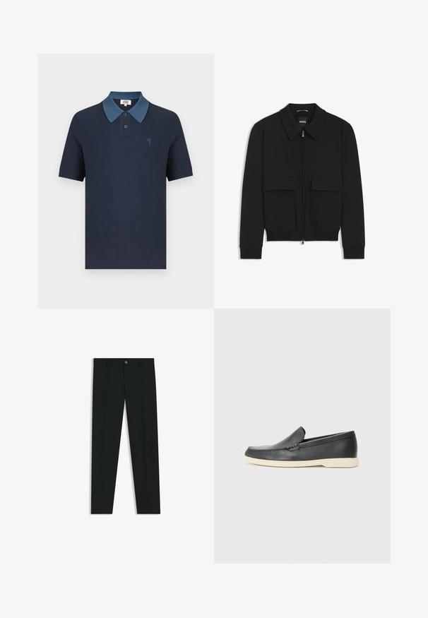Svart bomberjacka med krage, dragkedja framtill och två stora klafffickor. Har ribbade mudd och nederkant, tillverkad av strukturerad tyg.; Marinblå pikétröja med en kontrasterande blå krage, korta ärmar, texturerat tyg och en liten broderad hjärtdesign på bröstet.; Svarta dressbyxor med rak bendesign, gjorda av ett mjukt tyg. Har stängning med frontknapp och bälteshällor. Enfärgade utan mönster.; Svarta läder slip-on loafers med en texturerad yta och en kontrasterande beige gummisula. Har en subtil accent längs fram.