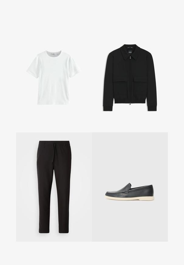 Zwarte bomberjack met een kraag, rits aan de voorkant en twee grote klepzakken. Heeft geribde manchetten en onderrand, gemaakt van textuurstof.; Witte katoenen T-shirt met korte mouwen, ronde hals en een ribbeltextuur. Eenvoudig ontwerp, geschikt voor casual kleding. Geen zichtbare patronen of accenten.; Zwarte joggingsbroek van gladde stof. Kenmerkt zich door een elastische tailleband met een trekkoord, taps toelopende benen en geen zichtbare zakken. Eenvoudig ontwerp.; Zwarte leren instappers met een gestructureerde afwerking en een contrasterende beige rubberen zool. Beschikt over een subtiele accent langs de voorkant.