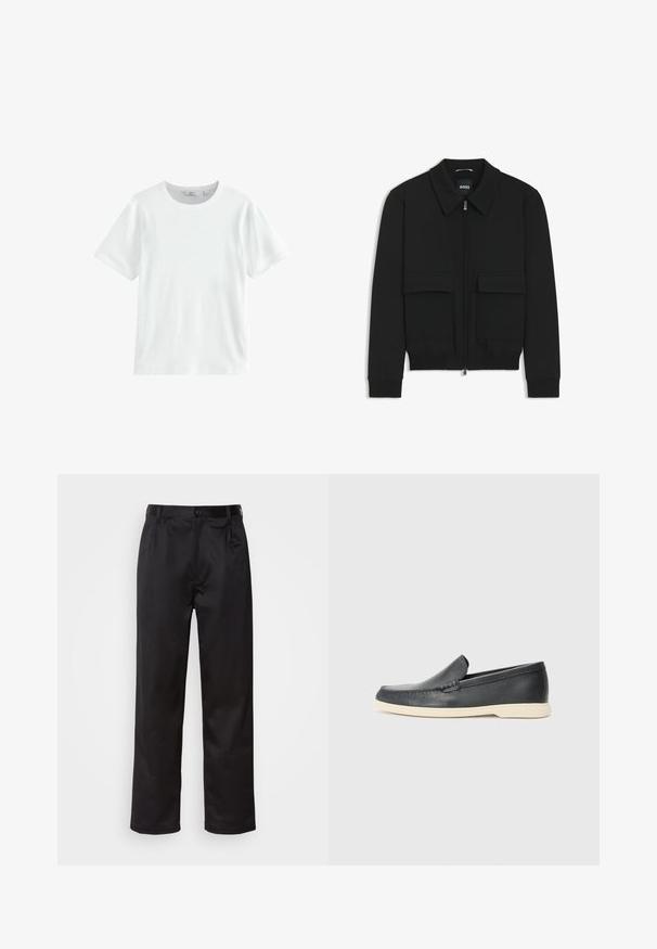 Sort bomberjakke med krave, lynlås foran og to store klaplommer. Har ribbede manchetter og bund, lavet af struktureret stof.; Hvid bomulds-T-shirt med korte ærmer, rund hals og ribbet tekstur. Enkel design, velegnet til afslappet brug. Ingen synlige mønstre eller accenter.; Sorte bukser lavet af glat stof, med frontknaplukning, pressefolder og lige ben. Ingen synlige mønstre eller accenter.; Sorte læder slip-on loafers med en struktureret overflade og en kontrasterende beige gummisål. Har en subtil detalje langs forsiden.