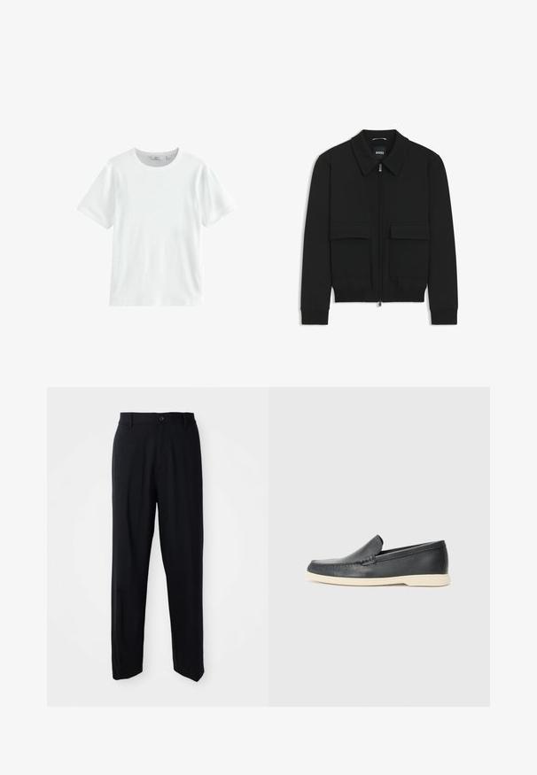 Zwarte bomberjack met een kraag, rits aan de voorkant en twee grote klepzakken. Heeft geribde manchetten en onderrand, gemaakt van textuurstof.; Witte katoenen T-shirt met korte mouwen, ronde hals en een ribbeltextuur. Eenvoudig ontwerp, geschikt voor casual kleding. Geen zichtbare patronen of accenten.; Zwarte rechte broek met riemlussen, knoopsluiting en een strakke, minimalistische uitstraling op een neutrale achtergrond.; Zwarte leren instappers met een gestructureerde afwerking en een contrasterende beige rubberen zool. Beschikt over een subtiele accent langs de voorkant.