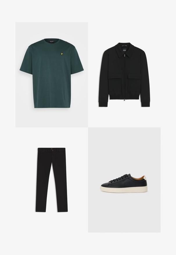 Black bomber jacket with a collared neck, zip front, and two large flap pockets. Features ribbed cuffs and hem, made of textured fabric.; Lyle & Scott PLAIN - Basic T-shirt - teal; Black trousers made of fabric with a smooth texture. Features a button closure, belt loops, and side pockets. Standard straight-leg design.; Black leather sneakers with a smooth texture, beige rubber sole, lace-up design, and a contrasting heel accent.