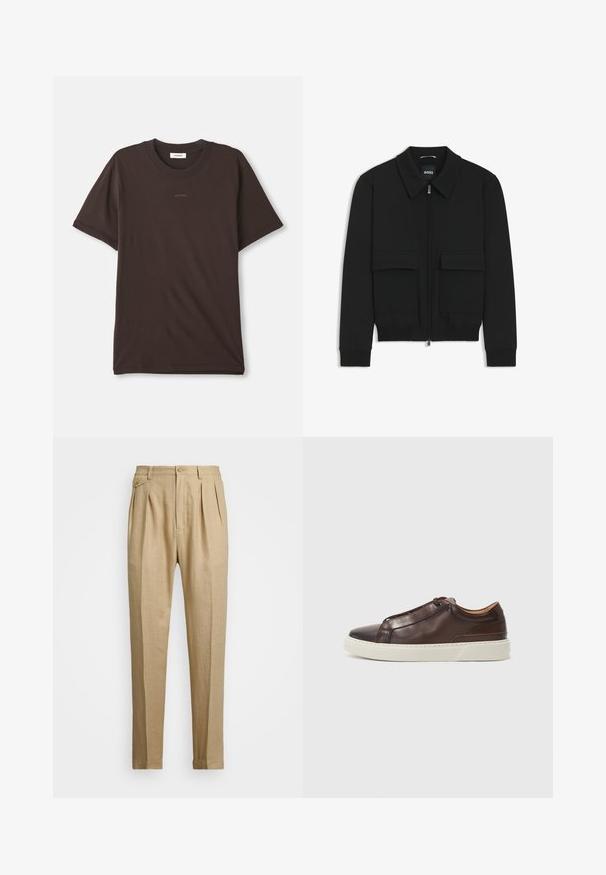 Schwarze Bikerjacke mit Kragen, Reißverschluss vorne und zwei großen Taschen mit Klappen. Mit Rippstrickbündchen und Saum, aus strukturiertem Stoff gefertigt.; Dunkelbraunes Kurzarm-T-Shirt mit Rundhalsausschnitt und dem "SANDRO"-Logo zentral auf der Brust sowie einem Etikett im Kragen.; Beige Leinenhose mit geradem Schnitt, ausgestattet mit zwei vorderen Falten, einem Knopfverschluss und seitlichen Taschen. Strukturierter Stoff mit glatter Oberfläche.; Braune Ledersneaker mit abgerundeter Spitze, kontrastierender weißer Gummisohle, genähten Akzenten und ohne sichtbare Schnürsenkel. Insgesamt glatte Textur.