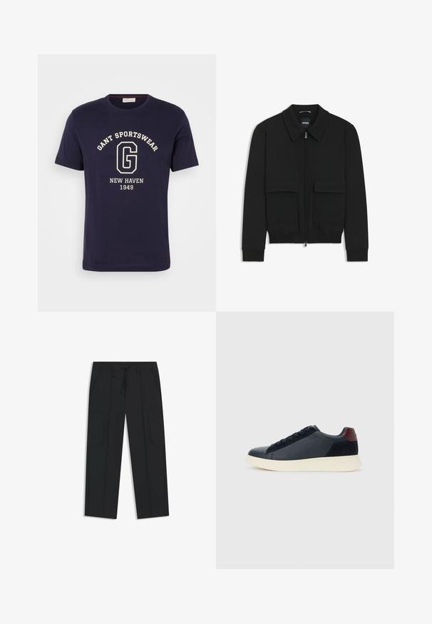 Black bomber jacket with a collared neck, zip front, and two large flap pockets. Features ribbed cuffs and hem, made of textured fabric.; Navy cotton T-shirt featuring a white graphic with "GANT SPORTSWEAR," "NEW HAVEN," and "1949." Crew neckline and short sleeves.; Black cargo pants made of nylon. Features an elastic waistband with a drawstring, side pockets, and flat front design.; Low-top men's sneaker in black leather and suede with maroon heel tab and white rubber sole, viewed from the outer side.
