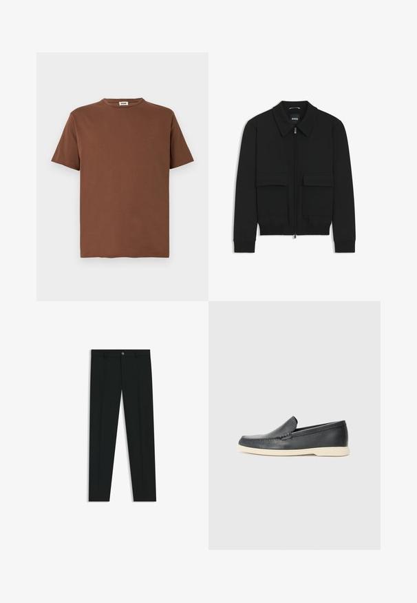 Sort bomberjakke med krave, lynlås foran og to store klaplommer. Har ribbede manchetter og bund, lavet af struktureret stof.; Brun bomulds T-shirt med rund hals og korte ærmer. Stoffet har en glat tekstur og en regulær pasform design.; Sorte dressbukser med lige ben-design, lavet af glat stof. Har en frontlukning med knap og bæltestropper. Enkle uden mønstre.; Sorte læder slip-on loafers med en struktureret overflade og en kontrasterende beige gummisål. Har en subtil detalje langs forsiden.