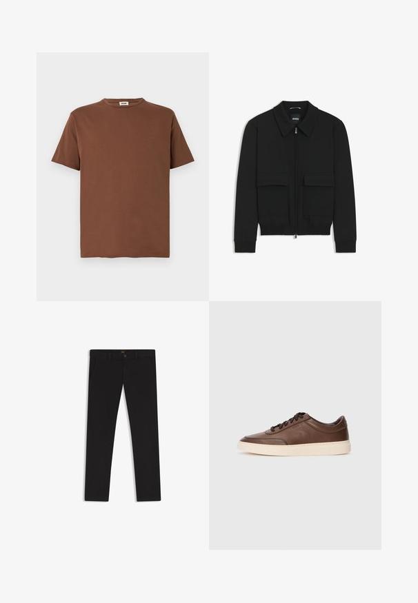 Svart bomberjacka med krage, dragkedja framtill och två stora klafffickor. Har ribbade mudd och nederkant, tillverkad av strukturerad tyg.; Brun bomull T-shirt med rund hals och korta ärmar. Tyget har en slät yta och en vanlig passform.; Svarta byxor gjorda av tyg med en slät textur. Har en knäppning med knapp, bälteshällor och sidofickor. Standard rakt ben-design.; Bruna lädersneakers med slät yta, rund tå och krämfärgad gummisula. Har svarta snören och diskret branding på sidan.
