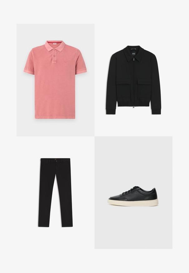 Zwarte bomberjack met een kraag, rits aan de voorkant en twee grote klepzakken. Heeft geribde manchetten en onderrand, gemaakt van textuurstof.; Polo shirt van zachtroze katoen, met een klassieke kraag, een knoopsluiting met twee knopen en een klein geborduurd logo op de borst.; Zwarte broek van stof met een gladde textuur. Bevat een knoopsluiting, riemlussen en zijzakken. Standaard straight-leg ontwerp.; Zwarte leren sneaker met lage schacht, zwarte veters en off-white zool, weergegeven in zijprofiel op een witte achtergrond.