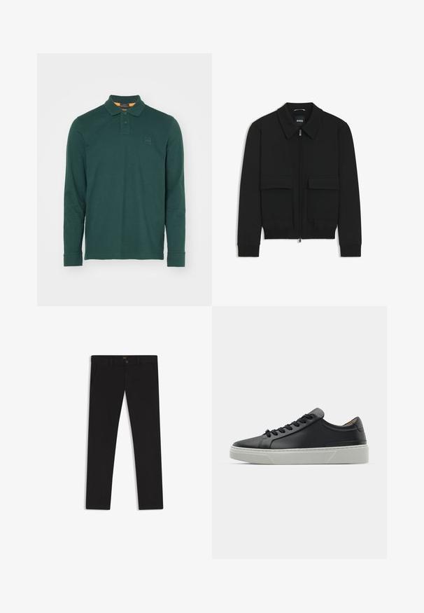 Schwarze Bikerjacke mit Kragen, Reißverschluss vorne und zwei großen Taschen mit Klappen. Mit Rippstrickbündchen und Saum, aus strukturiertem Stoff gefertigt.; Langarm-Poloshirt aus dunkelgrünem Baumwollstoff, mit klassischem Kragen, einer Zwei-Knopf-Leiste und einem rechteckigen Logopatch auf der Brust.; Schwarze Hosen aus einem Stoff mit glatter текстуре. Verfügt über einen Knopfverschluss, Gürtelschlaufen und Seitentaschen. Klassisches Design mit geradem Bein.; Schwarze Ledersneaker mit glatter Textur, runder Zehenform und schwarzen Schnürsenkeln. Verfügt über eine dicke, weiße Gummisohle mit subtilen geometrischen Akzenten.