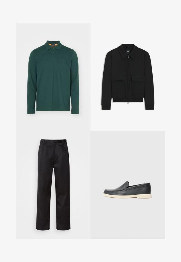 Schwarze Bikerjacke mit Kragen, Reißverschluss vorne und zwei großen Taschen mit Klappen. Mit Rippstrickbündchen und Saum, aus strukturiertem Stoff gefertigt.; Langarm-Poloshirt aus dunkelgrünem Baumwollstoff, mit klassischem Kragen, einer Zwei-Knopf-Leiste und einem rechteckigen Logopatch auf der Brust.; Schwarze Hosen aus glattem Stoff, mit einem Knopfverschluss vorne, Falten und geraden Beinen. Keine sichtbaren Muster oder Akzente.; Schwarze Leder-Slipper mit strukturiertem Finish und einer kontrastierenden beige Gummisohle. Mit einem dezenten Akzent an der Vorderseite.
