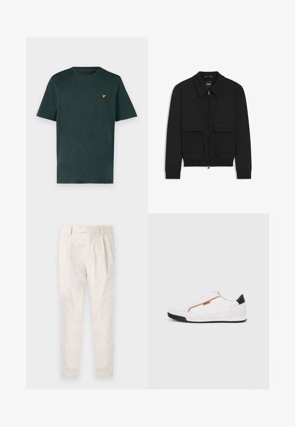 Black bomber jacket with a collared neck, zip front, and two large flap pockets. Features ribbed cuffs and hem, made of textured fabric.; Lyle & Scott Basic T-shirt - argyle teal; White, pleated trousers with a tailored fit, featuring a smooth texture, belt loops, and tapered legs. No visible pockets or patterns.; White athletic shoes with mesh and leather accents. Features a gold "BOSS" logo, textured side panels, and a black heel cap. Rubber sole.