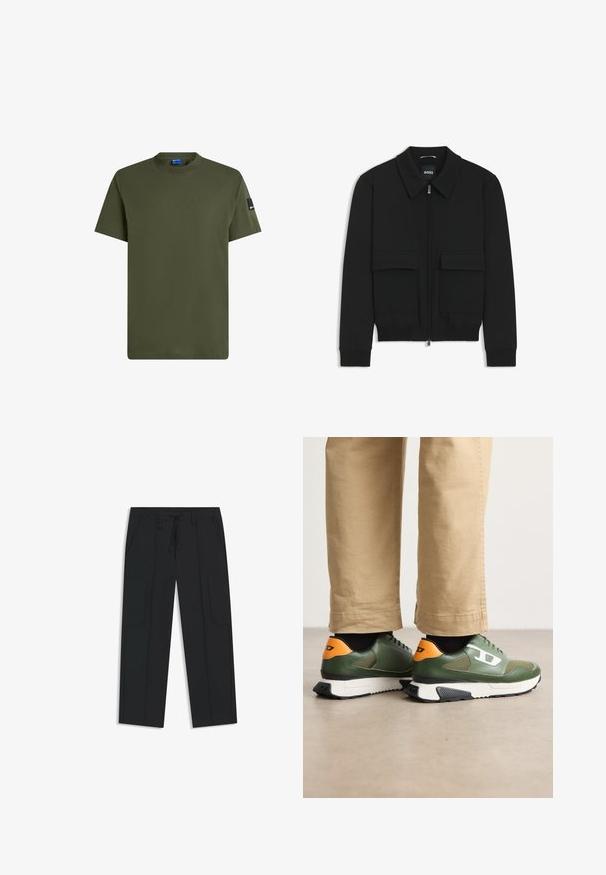 Black bomber jacket with a collared neck, zip front, and two large flap pockets. Features ribbed cuffs and hem, made of textured fabric.; Olive green short-sleeve t-shirt made of cotton. Features a round neckline and a small black label on the left sleeve. Smooth texture.; Black cargo pants made of nylon. Features an elastic waistband with a drawstring, side pockets, and flat front design.; Green leather sneakers with orange accents, black detailing, and a textured sole, viewed from behind. Casual design with lace-up closure.