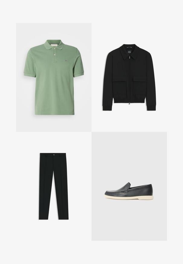 Zwarte bomberjack met een kraag, rits aan de voorkant en twee grote klepzakken. Heeft geribde manchetten en onderrand, gemaakt van textuurstof.; Groene polo shirt van katoen. Heeft een kraag met twee knopen en een klein logo op de borst. Korte mouwen, normale pasvorm.; Zwarte dresspants met een recht pasvorm, gemaakt van een gladde stof. Heeft een sluiting met een knoop aan de voorkant en ceintuurlussen. Effen zonder patronen.; Zwarte leren instappers met een gestructureerde afwerking en een contrasterende beige rubberen zool. Beschikt over een subtiele accent langs de voorkant.