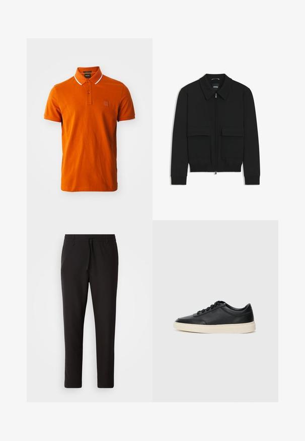 Veste bomber noire avec col, fermeture éclair à l'avant et deux grandes poches à rabat. Dotée de poignets et d'un bas côtelés, fabriquée en tissu texturé.; Polo shirt orange en coton, avec une patte de boutonnage à deux boutons, des accents blancs au col et aux manches, et un patch de marque.; Pantalons de jogging noirs en tissu lisse. Dotés d'une taille élastique avec cordon de serrage, jambes fuselées, et sans poches visibles. Design simple.; Baskets en cuir noires à tiges basses avec lacets noirs et semelle ivoire, présentées en profil latéral sur fond blanc.