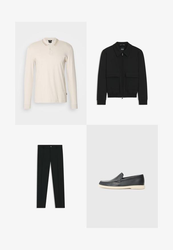 Schwarze Bikerjacke mit Kragen, Reißverschluss vorne und zwei großen Taschen mit Klappen. Mit Rippstrickbündchen und Saum, aus strukturiertem Stoff gefertigt.; Langärmliges Poloshirt in hellem Creme mit einem gerippten Kragen und Knopfleiste. Hergestellt aus weichem Stoff, mit geradem Saum und Bündchen.; Schwarze Anzughosen mit geradem Bein, aus glattem Stoff. Mit Knopfverschluss vorne und Gürtelschlaufen. Schlicht ohne Muster.; Schwarze Leder-Slipper mit strukturiertem Finish und einer kontrastierenden beige Gummisohle. Mit einem dezenten Akzent an der Vorderseite.