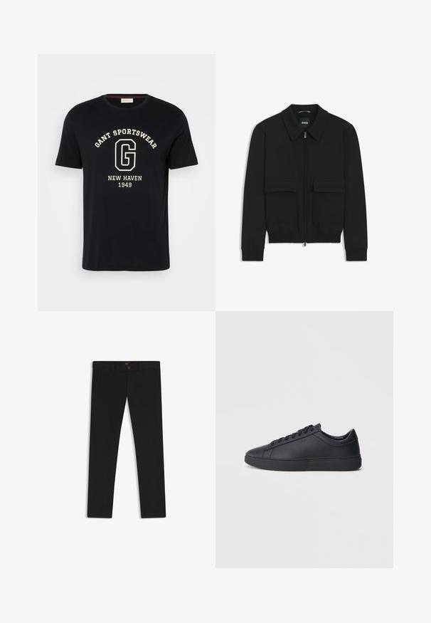 Musta pommikohva takki, jossa on kauluskulli, vetoketju etupuolella ja kaksi suurta läpällistä taskua. Varustettu ribbireunuksilla hihoissa ja helmassa, valmistettu teksturoituneesta kankaasta.; Merihenkinen puuvillapaita pyöreällä kaula-aukolla ja lyhyillä hihoilla. Painatuksessa valkoiset tekstit "GANT SPORTSWEAR", "NEW HAVEN" ja "1949."; Mustat housut, jotka on valmistettu sileätekstiilisestä kankaasta. Varustettu nappikiinnityksellä, vyölenkeillä ja sivutaskuilla. Standardi suora lahjemalli.; Mustat lenkkarit, jotka on valmistettu sileästä nahasta, matalalla varrella, pyöreällä varvalla ja tasaisella kumipohjalla. Varusteena nauhat ja huomaamaton brändäys.