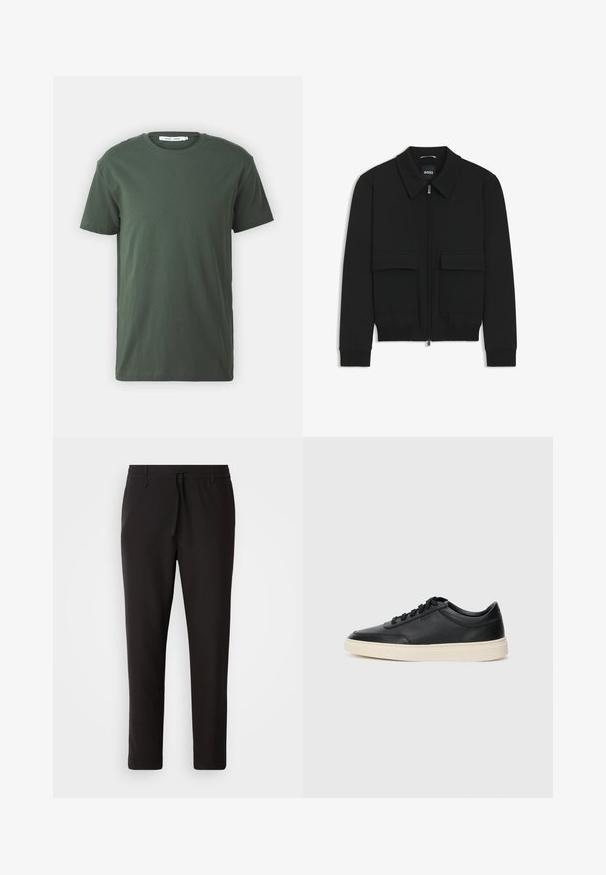 Black bomber jacket with a collared neck, zip front, and two large flap pockets. Features ribbed cuffs and hem, made of textured fabric.; Dark green cotton t-shirt, short sleeves, crew neckline, relaxed fit, plain design, and smooth texture without visible patterns or accents.; Black jogger pants made of smooth fabric. Feature an elastic waistband with a drawstring, tapered legs, and no visible pockets. Simple design.; Black low-top leather sneaker with black laces and off-white sole shown in side profile on white background.