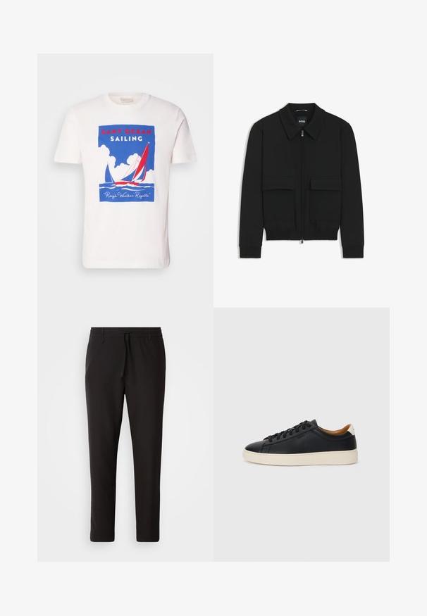 Black bomber jacket with a collared neck, zip front, and two large flap pockets. Features ribbed cuffs and hem, made of textured fabric.; White cotton t-shirt featuring a blue, red, and white graphic of sailboats with "GANT OCEAN SAILING" text and cloud imagery.; Black jogger pants made of smooth fabric. Feature an elastic waistband with a drawstring, tapered legs, and no visible pockets. Simple design.; Black leather sneakers with a smooth texture, beige rubber sole, lace-up design, and a contrasting heel accent.