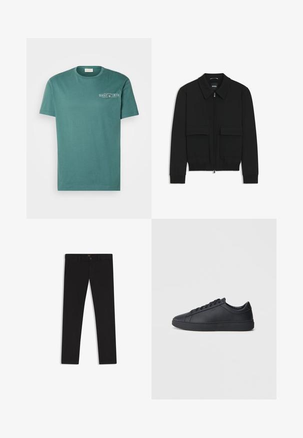 Svart bomberjacka med krage, dragkedja framtill och två stora klafffickor. Har ribbade mudd och nederkant, tillverkad av strukturerad tyg.; Teal bomullströja med rund halsringning, korta ärmar och framsidan logo med "GANT 1949" i vit text. Slät textur, avslappnad design.; Svarta byxor gjorda av tyg med en slät textur. Har en knäppning med knapp, bälteshällor och sidofickor. Standard rakt ben-design.; Svarta sneakers i slätt läder med låg design, rund tå och platt gummisula. Har snörning och subtil branding.