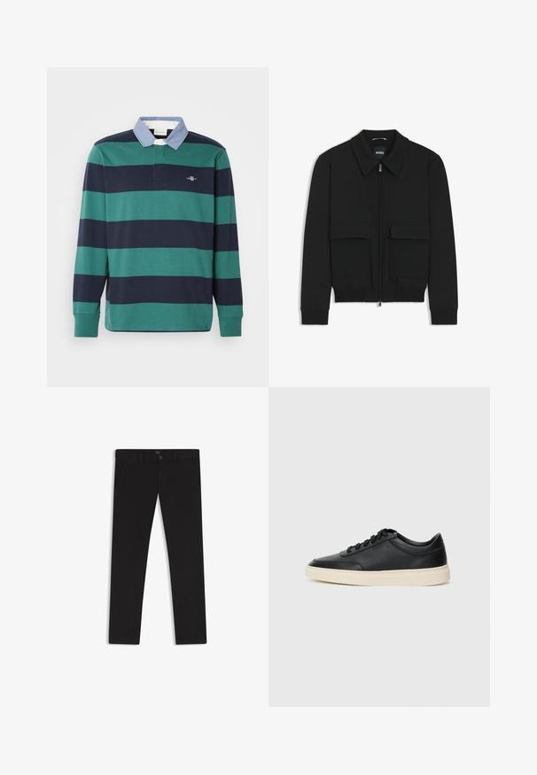 Sort bomberjakke med krave, lynlås foran og to store klaplommer. Har ribbede manchetter og bund, lavet af struktureret stof.; Langærmet polo-shirt med grønne og marineblå vandrette striber, en lyseblå krave og et lille broderet logo på brystet.; Sorte bukser lavet af stof med en glat tekstur. Har en knaplukning, bæltestropper og sidelommer. Standard design med lige ben.; Sort lavt top lædersneaker med sorte snørebånd og off-white sål vist i sideprofil på hvid baggrund.
