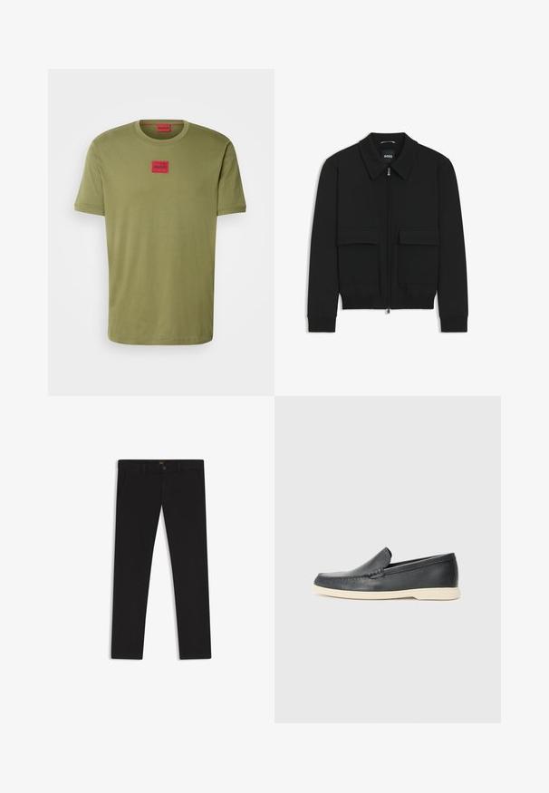 Sort bomberjakke med krave, lynlås foran og to store klaplommer. Har ribbede manchetter og bund, lavet af struktureret stof.; HUGO DIRAGOLINO - T-shirts basic - open green; Sorte bukser lavet af stof med en glat tekstur. Har en knaplukning, bæltestropper og sidelommer. Standard design med lige ben.; Sorte læder slip-on loafers med en struktureret overflade og en kontrasterende beige gummisål. Har en subtil detalje langs forsiden.