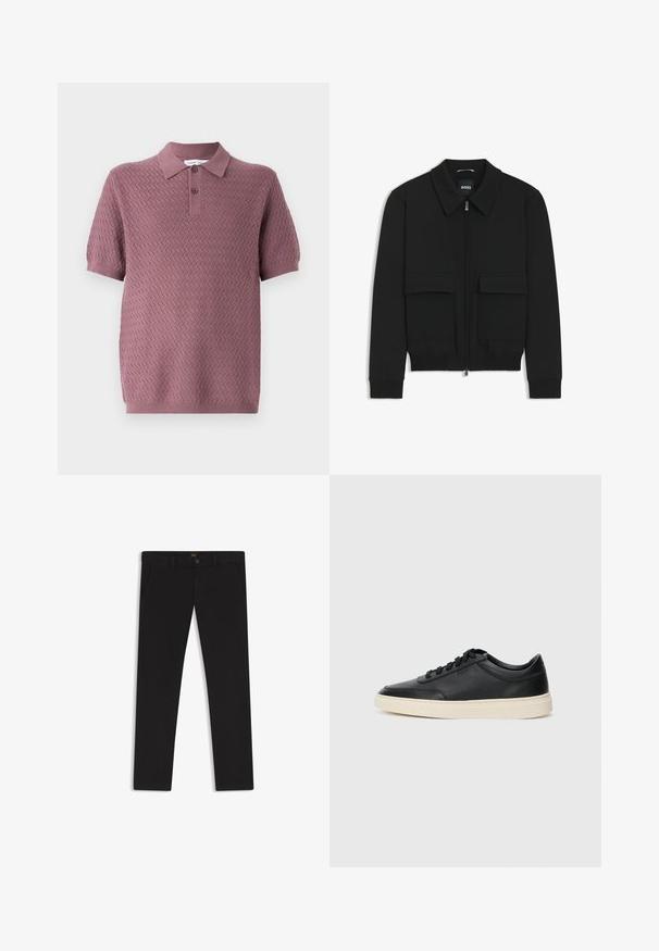 Zwarte bomberjack met een kraag, rits aan de voorkant en twee grote klepzakken. Heeft geribde manchetten en onderrand, gemaakt van textuurstof.; Korte mouwen polo shirt in mauve met een gestructureerd zigzagpatroon, een puntige kraag en twee knopen op de sluiting. Zacht breiwerk.; Zwarte broek van stof met een gladde textuur. Bevat een knoopsluiting, riemlussen en zijzakken. Standaard straight-leg ontwerp.; Zwarte leren sneaker met lage schacht, zwarte veters en off-white zool, weergegeven in zijprofiel op een witte achtergrond.