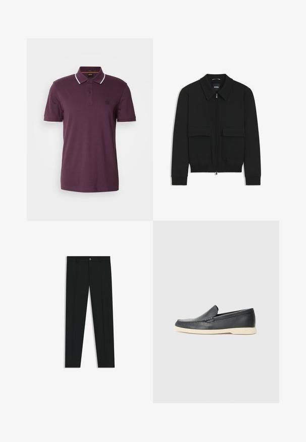 Svart bomberjacka med krage, dragkedja framtill och två stora klafffickor. Har ribbade mudd och nederkant, tillverkad av strukturerad tyg.; Mörk lila polo t-shirt med en tvåknäppningsslå, vita detaljer på kragen och ärmarna, samt en liten logotyp på bröstet.; Svarta dressbyxor med rak bendesign, gjorda av ett mjukt tyg. Har stängning med frontknapp och bälteshällor. Enfärgade utan mönster.; Svarta läder slip-on loafers med en texturerad yta och en kontrasterande beige gummisula. Har en subtil accent längs fram.