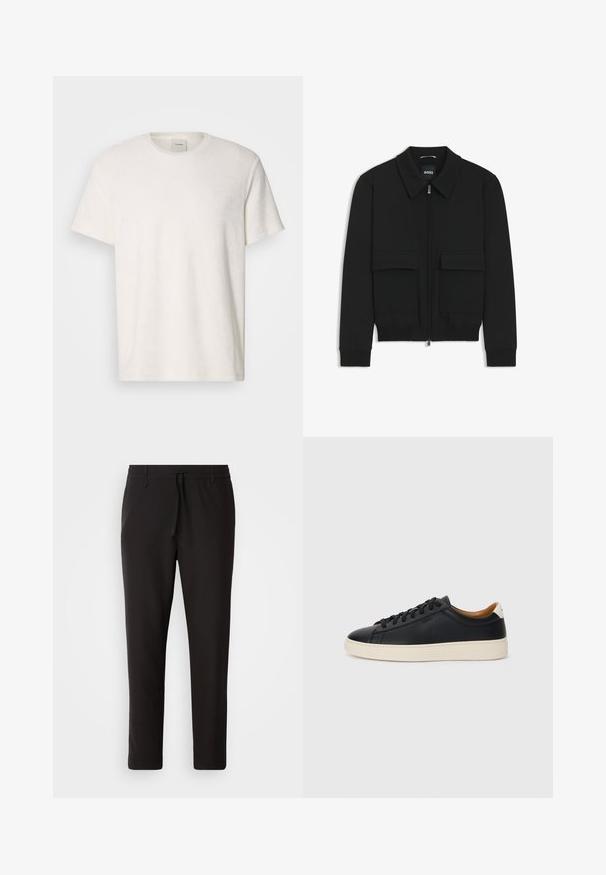 Musta pommikohva takki, jossa on kauluskulli, vetoketju etupuolella ja kaksi suurta läpällistä taskua. Varustettu ribbireunuksilla hihoissa ja helmassa, valmistettu teksturoituneesta kankaasta.; Valkoinen puuvillapaita, jossa on pyöreä kaula-aukko ja lyhyet hihat. Pehmeä rakenne ja minimalistinen muotoilu, jossa pieni logo rinnassa.; Juoksuhousut mustasta sileästä kankaasta. Varustettu elastisella vyötärönauhalla ja nyörillä, supistuvat lahkeet ja ei näkyviä taskuja. Yksinkertainen muotoilu.; Mustat nahkasneakerit, joissa on sileä pinta, beige kumipohja, nauhakiinnitys ja erottuva kanta-aksentti.