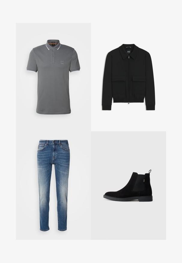 Schwarze Bikerjacke mit Kragen, Reißverschluss vorne und zwei großen Taschen mit Klappen. Mit Rippstrickbündchen und Saum, aus strukturiertem Stoff gefertigt.; BOSS PASSERTIP - Poloshirt - dark grey; Blaue Jeans aus Denim mit geradem Bein, leichter Ausbleichung, klassischer Fünf-Taschen-Stil und einem Reißverschluss mit Knopfverschluss.; Schwarze Wildleder Chelsea-Boots mit elastischen seitlichen Einsätzen, runder Spitze und einer niedrigen Gummisohle. Mit einem Zugtab an der Rückseite für einfaches Anziehen.