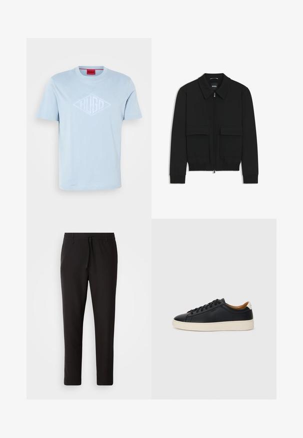 Sort bomberjakke med krave, lynlås foran og to store klaplommer. Har ribbede manchetter og bund, lavet af struktureret stof.; Lysblå bomulds T-shirt med korte ærmer og rund halsudskæring. Har et præget diamantlogo i hvid med "HUGO."; Sorte joggebukser lavet af glat stof. Har en elastisk talje med snor, tætsiddende ben og ingen synlige lommer. Enkel design.; Sorte lædersneakers med en glat overflade, beige gummisål, snørebåndsdesign og en kontrastfarvet hæl.
