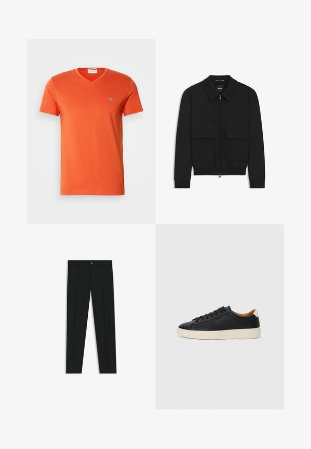 Zwarte bomberjack met een kraag, rits aan de voorkant en twee grote klepzakken. Heeft geribde manchetten en onderrand, gemaakt van textuurstof.; Oranje katoenen T-shirt met een V-hals, korte mouwen en een klein logo op de borst. Soepele textuur en gelijkmatige stiksels.; Zwarte dresspants met een recht pasvorm, gemaakt van een gladde stof. Heeft een sluiting met een knoop aan de voorkant en ceintuurlussen. Effen zonder patronen.; Zwarte leren sneakers met een gladde textuur, beige rubberen zool, vetersluiting en een contrasterende hielaccent.